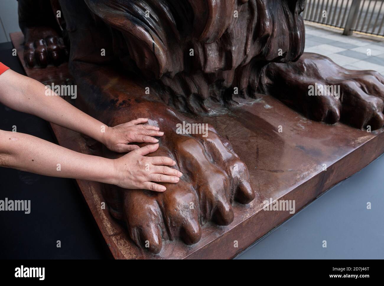 A woman touches the paws of a bronze lion statue, restored after pro