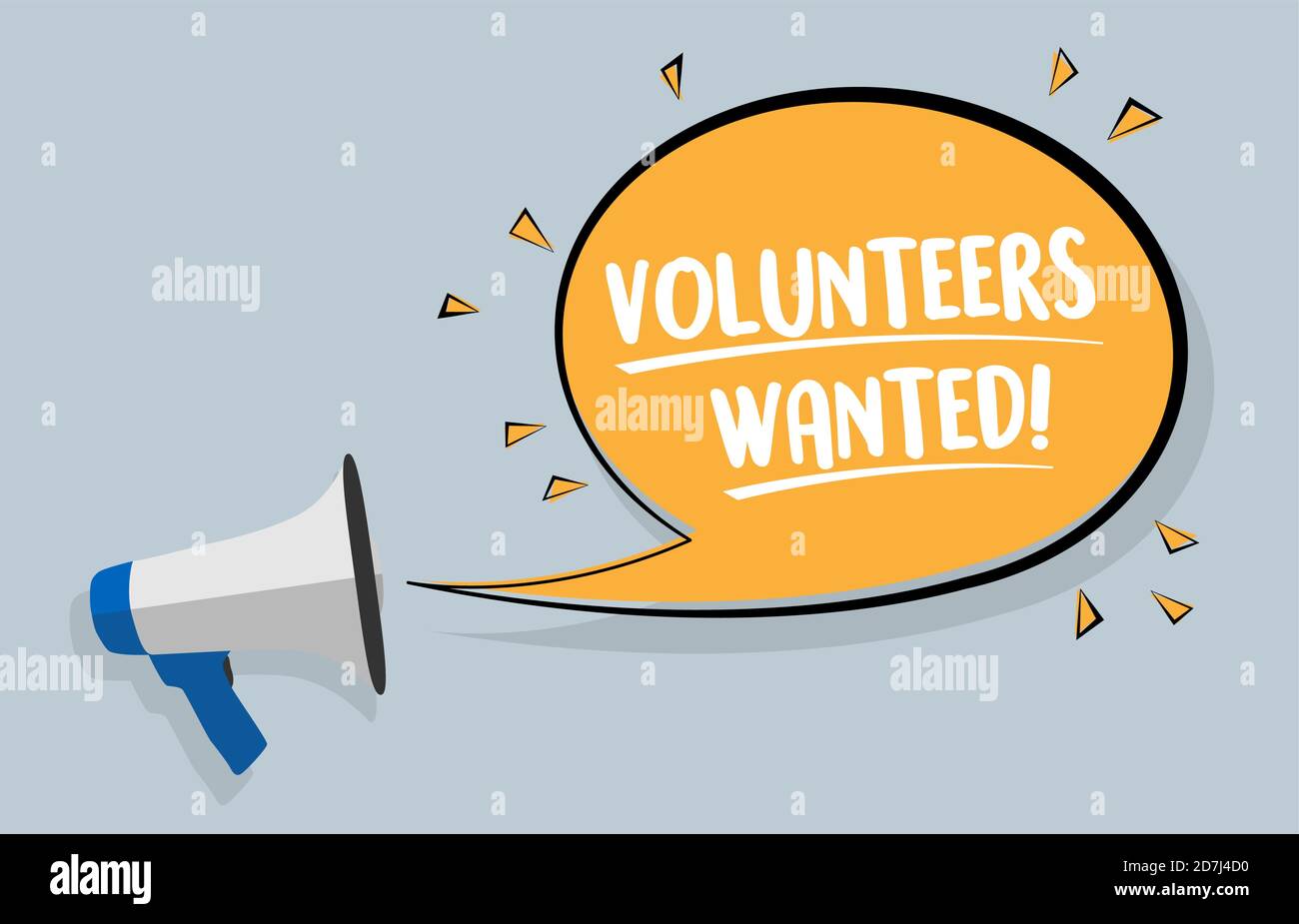 megaphone and text VOLUNTEERS WANTED in speech bubble against colored background vector illustration Stock Vector