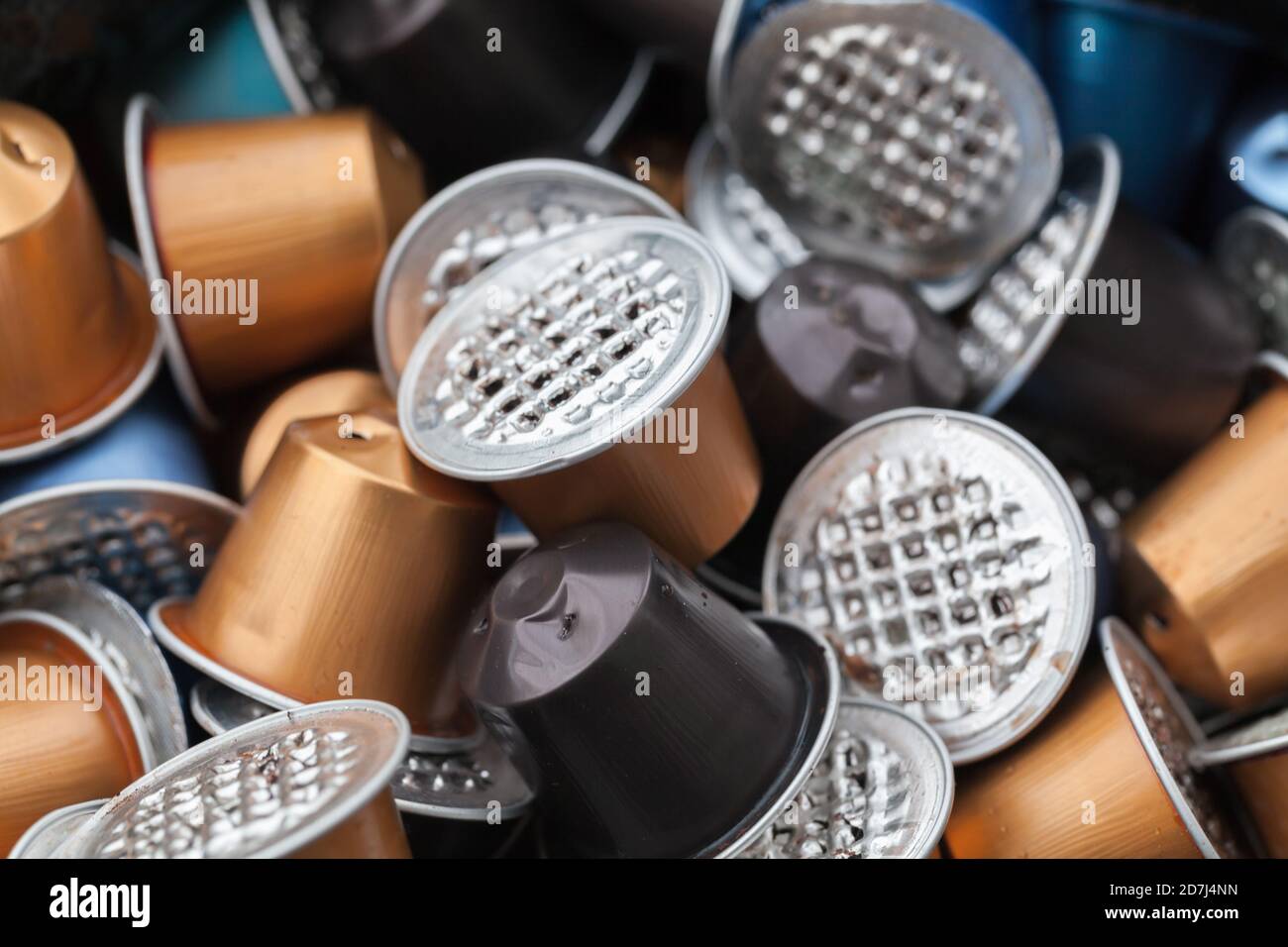 Waste coffee capsules, close-up photo with selective soft focus Stock Photo