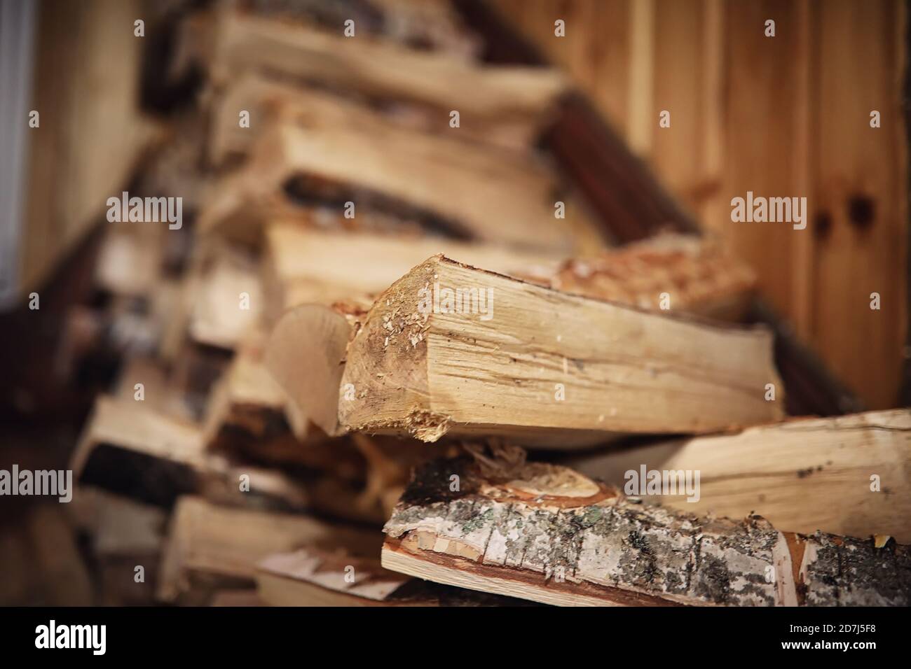 Wood burning stove. Firewood for furnace heating. Warehouse for