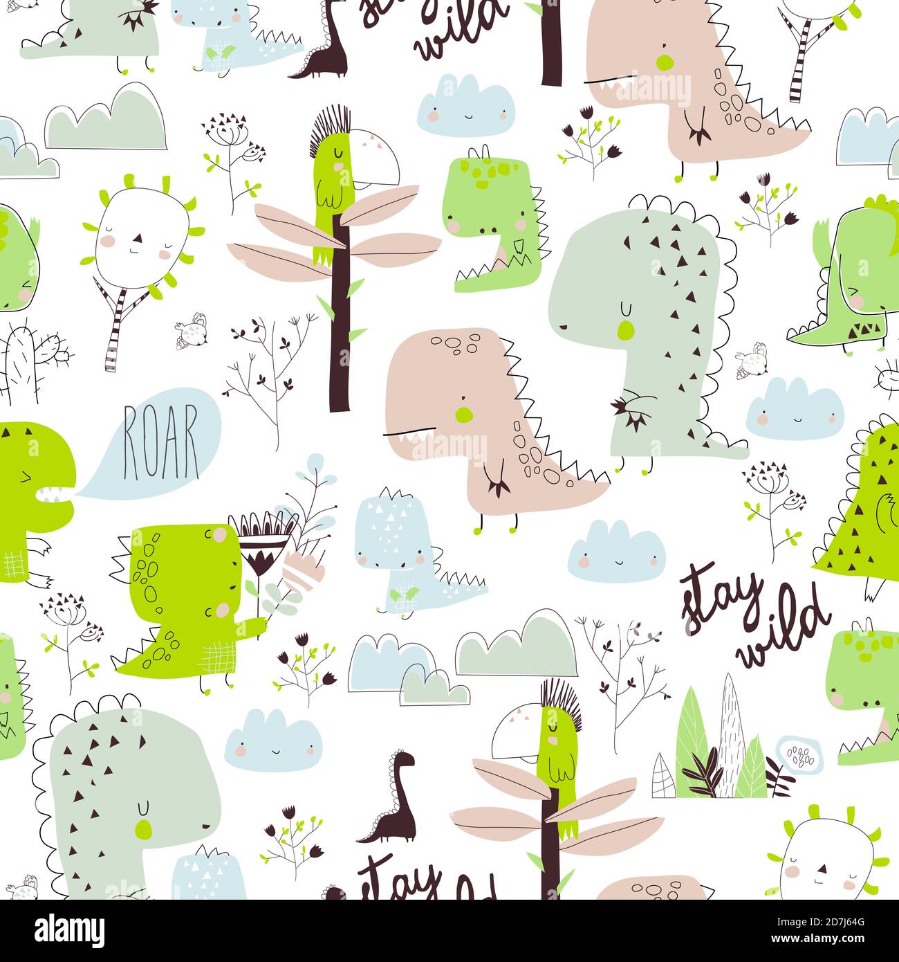 Seamless pattern with cartoon dinosaurs isolated on white background Stock Vector