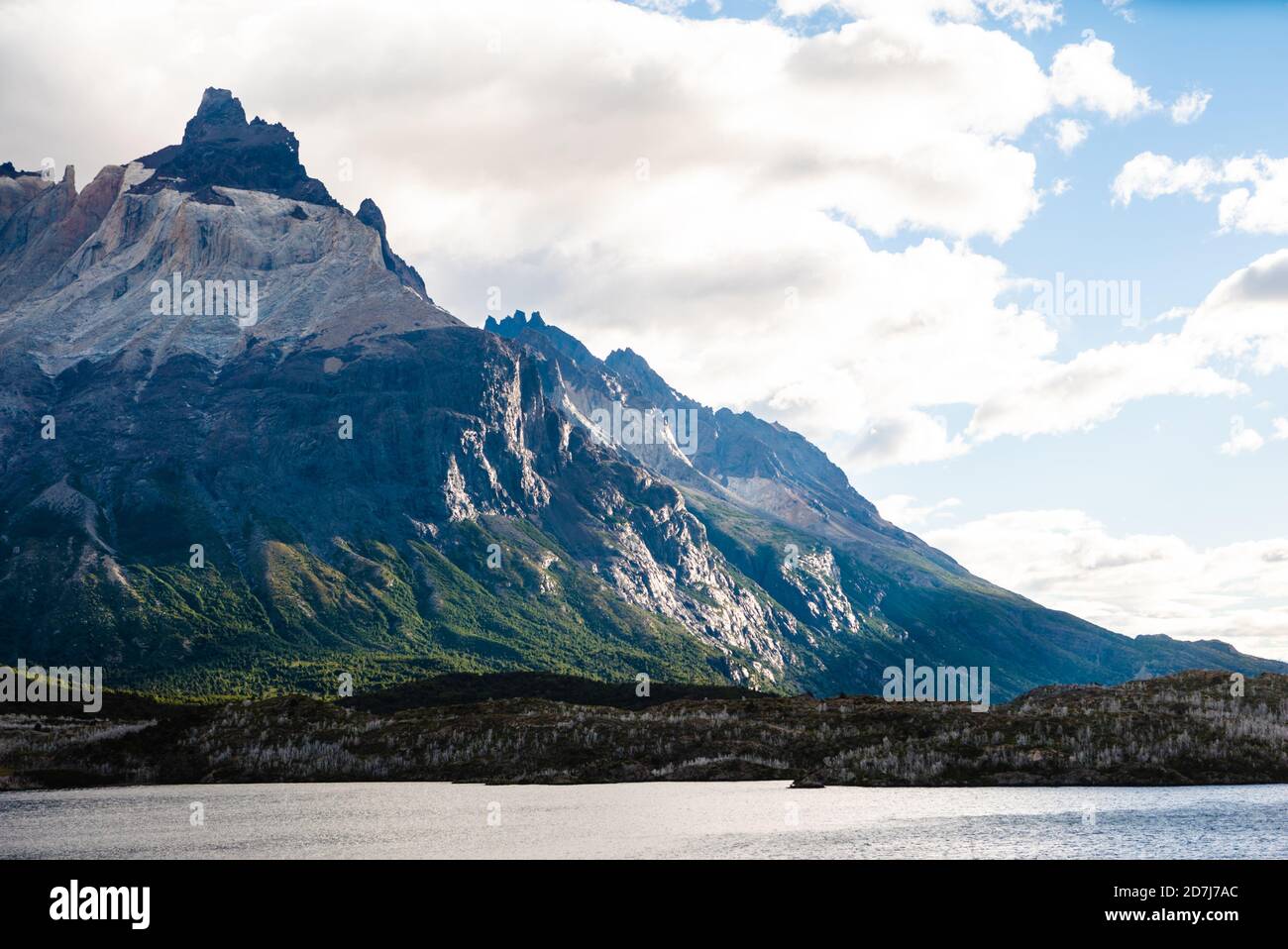 Sunlight gleaming off mascara mountains in Torres Del Paine Stock Photo