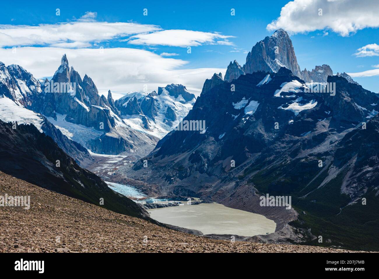 Cerro Torre and Fitz Roy with glaciers, snow and blue sky and clouds Stock Photo