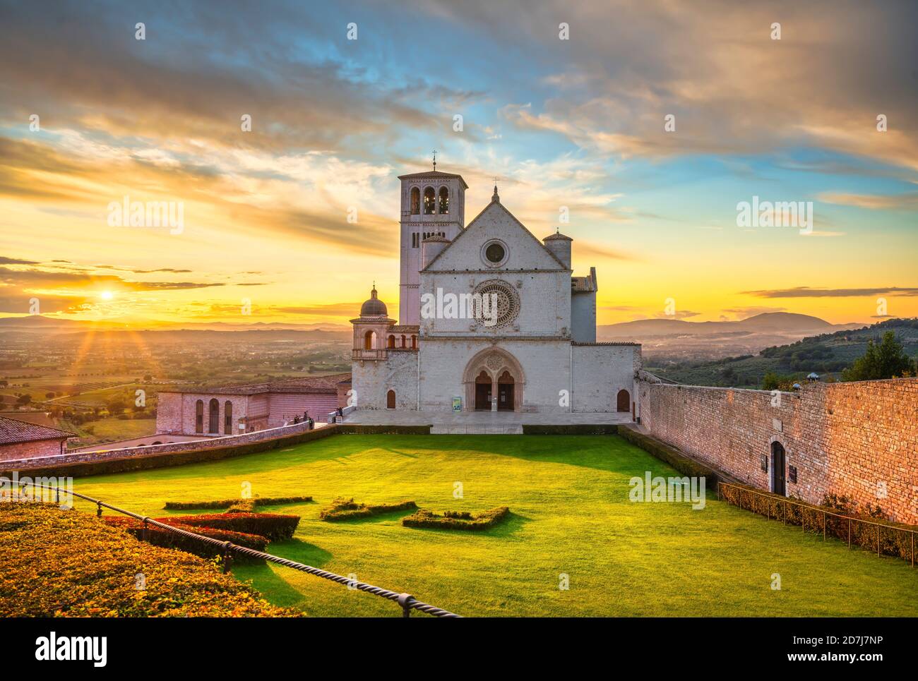 Assisi, San Francesco or Saint Francis Basilica upper church at sunset. Perugia, Umbria, Italy, Europe. Stock Photo