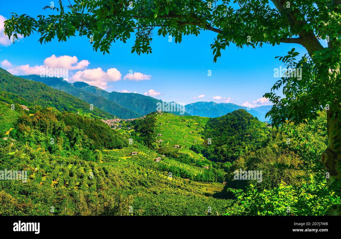 Prosecco Hills, vineyards and Combai village. Unesco Site. Miane, Treviso, Veneto, Italy, Europe. Stock Photo