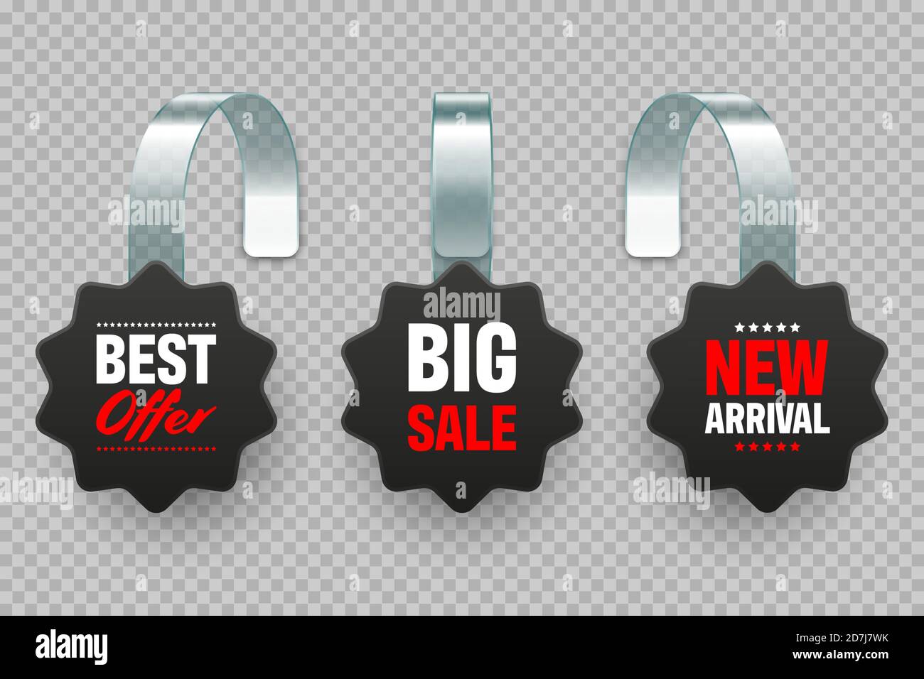 Supermarket promotional wobblers with ad text. Realistic vector