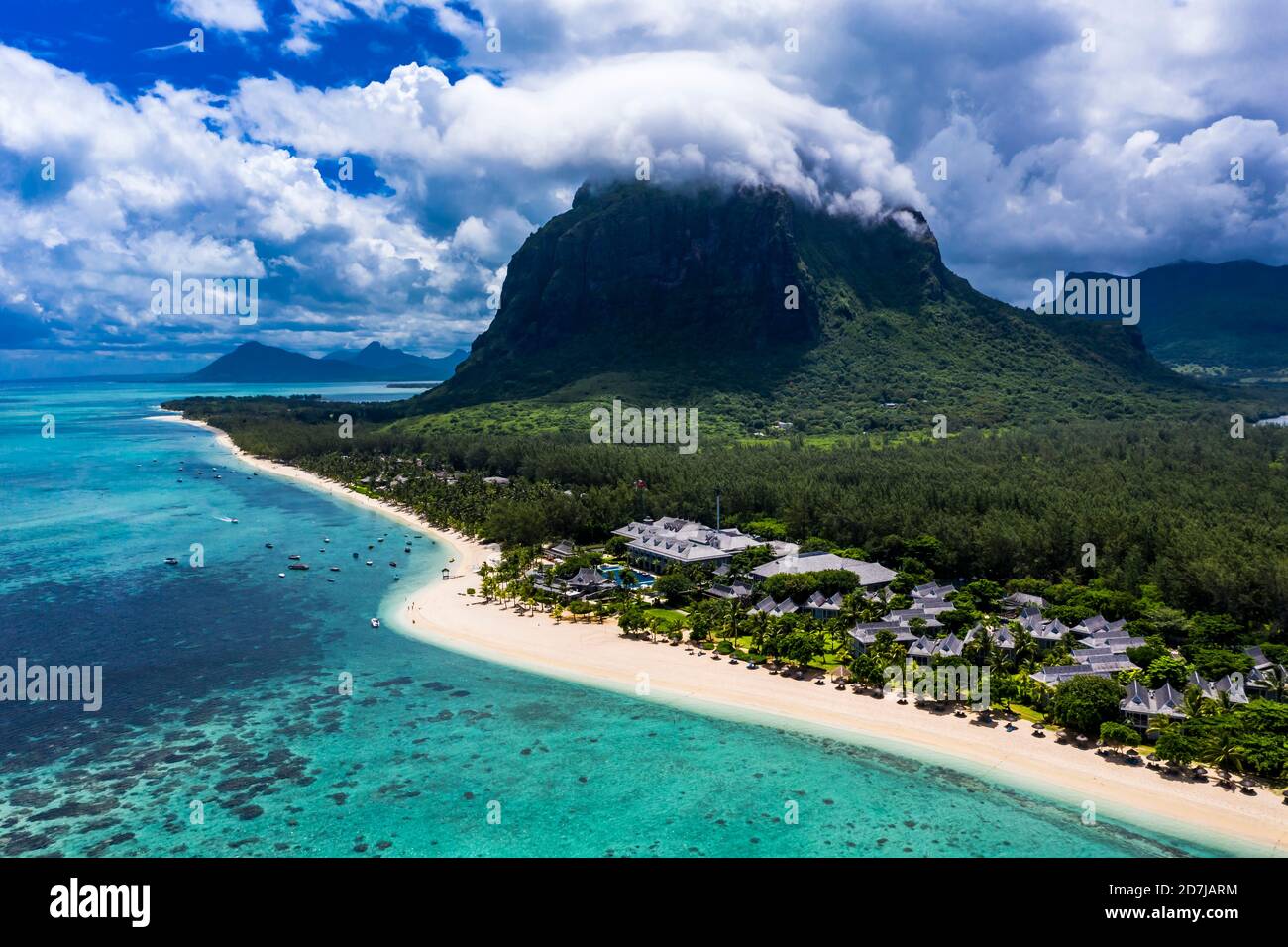 Mauritius, Helicopter view of beach and tourist resort on Le Morne Brabant peninsula in summer Stock Photo