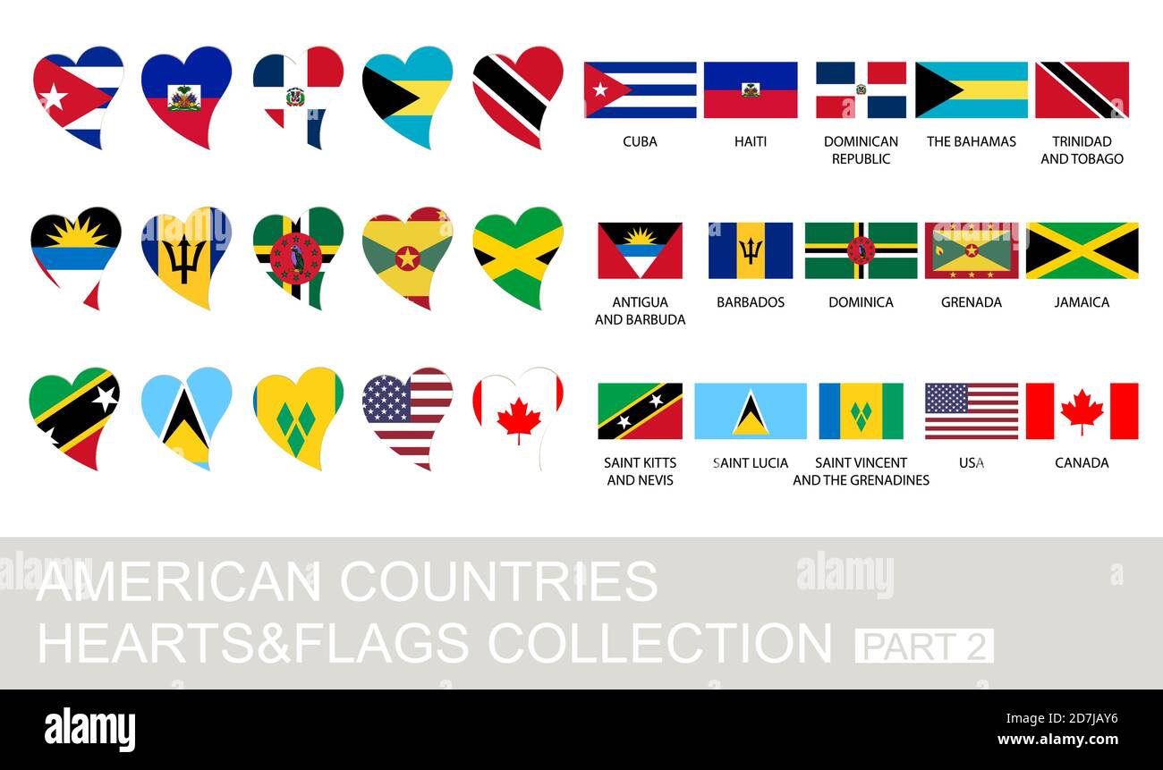 American countries set, hearts and flags, 2  version, part 2 Stock Vector