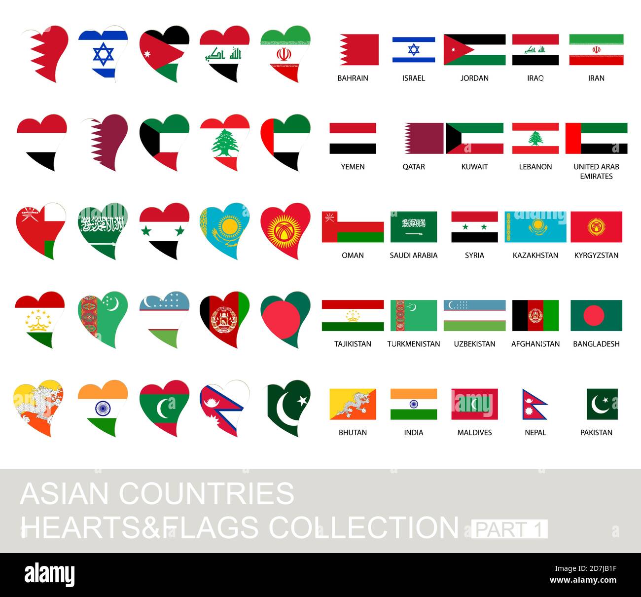 Asian countries set, hearts and flags, 2  version, part 1 Stock Vector