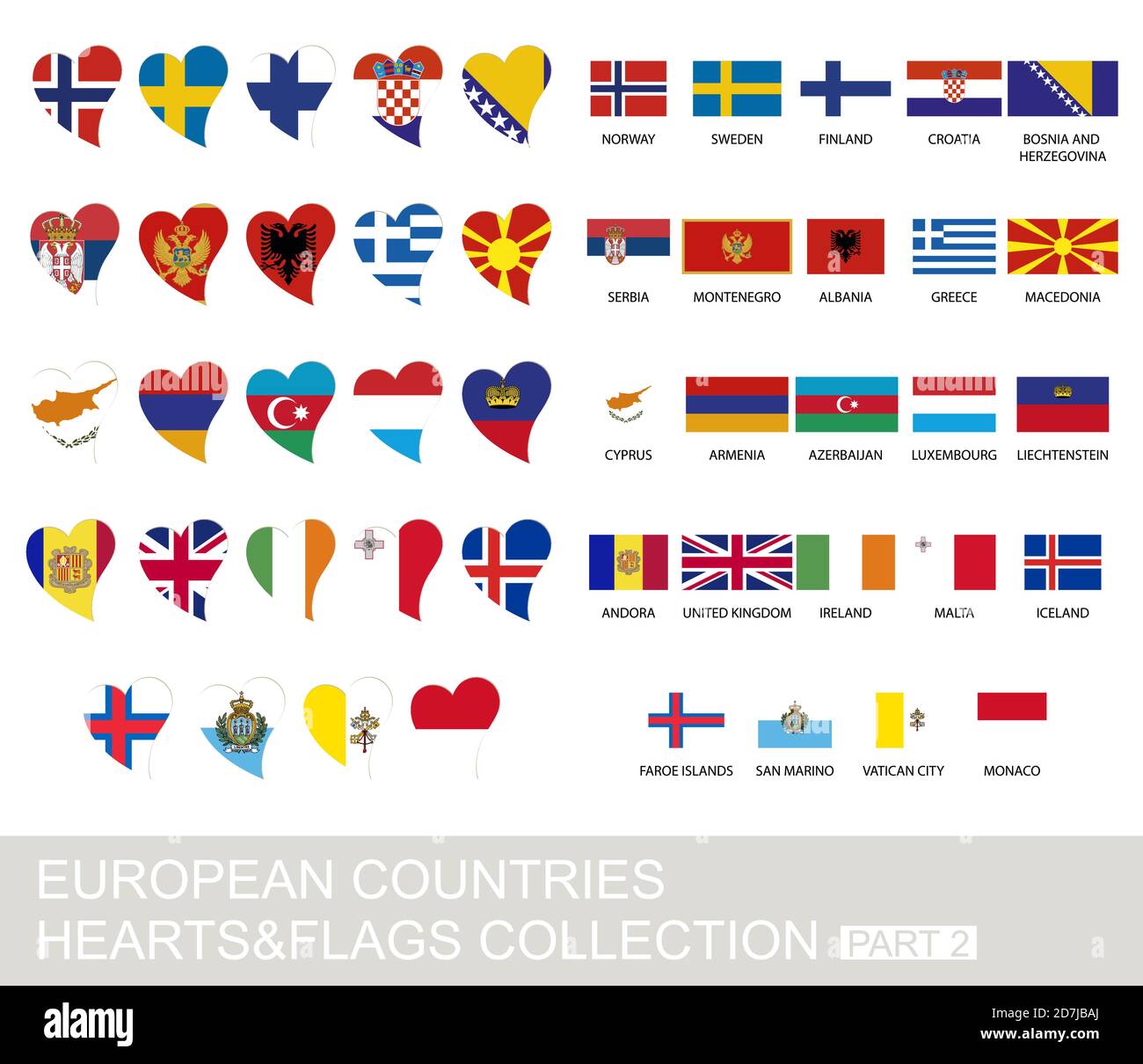 European countries set, hearts and flags, 2  version, part 2 Stock Vector