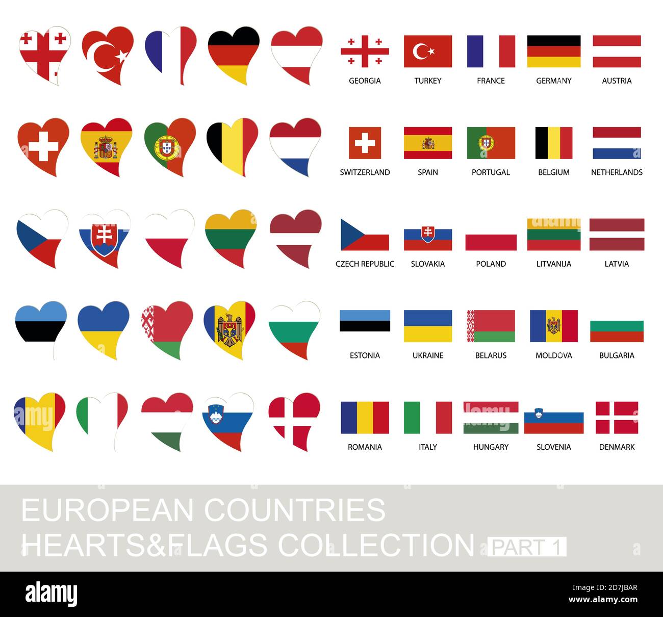 European countries set, hearts and flags, 2  version, part 1 Stock Vector