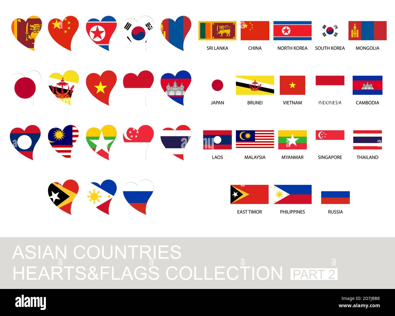 Asian countries set, hearts and flags, 2  version, part 2 Stock Vector