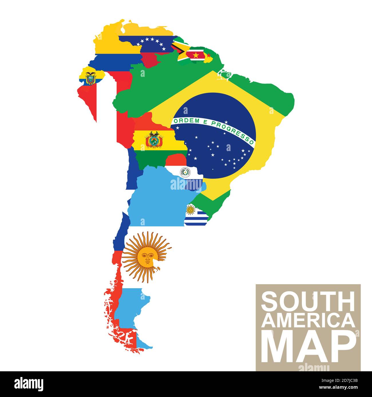 South America map. Vector map of South America with flags. Vector Illustration. Stock Vector