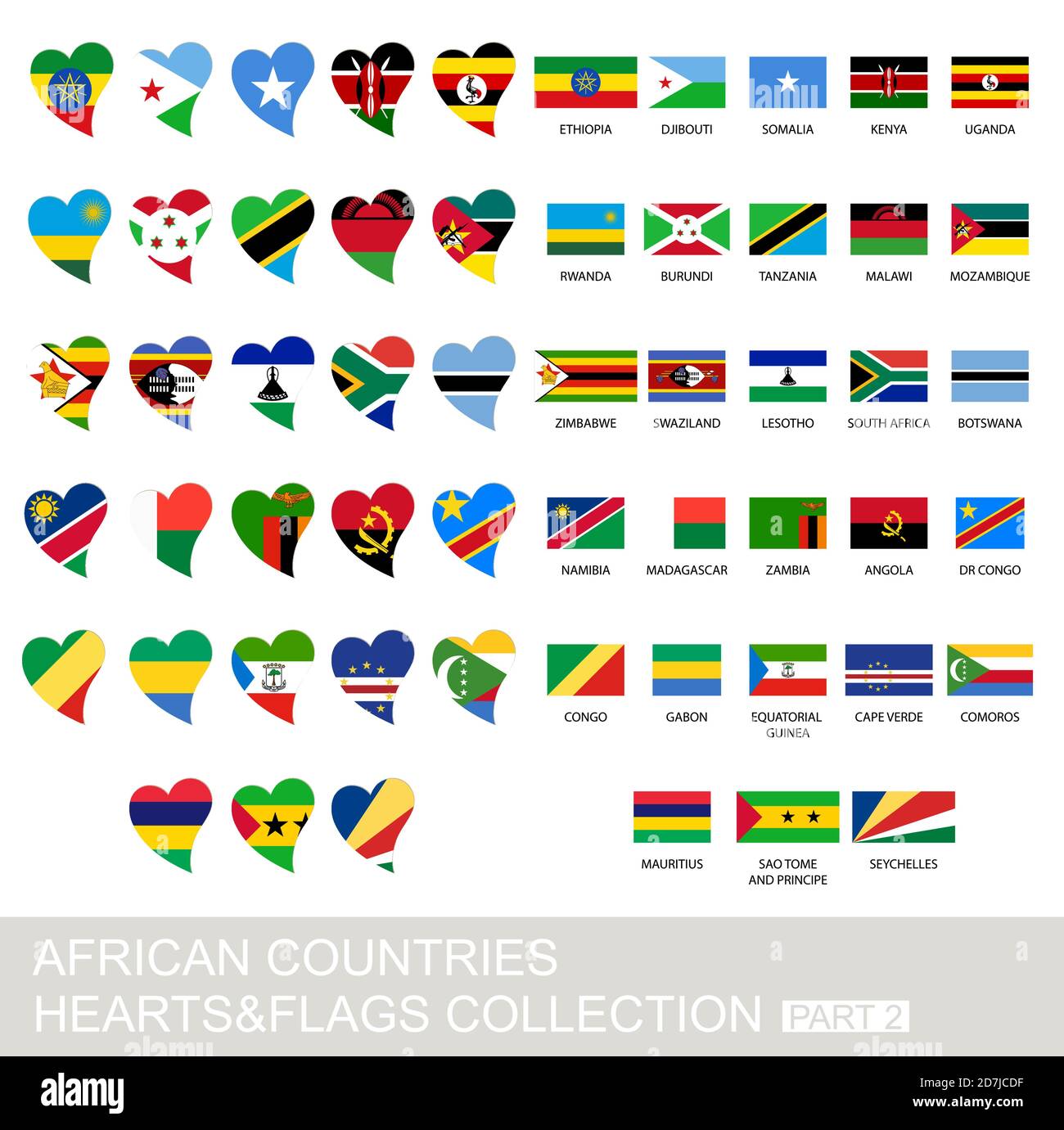 African countries set, hearts and flags, 2  version, part 2 Stock Vector