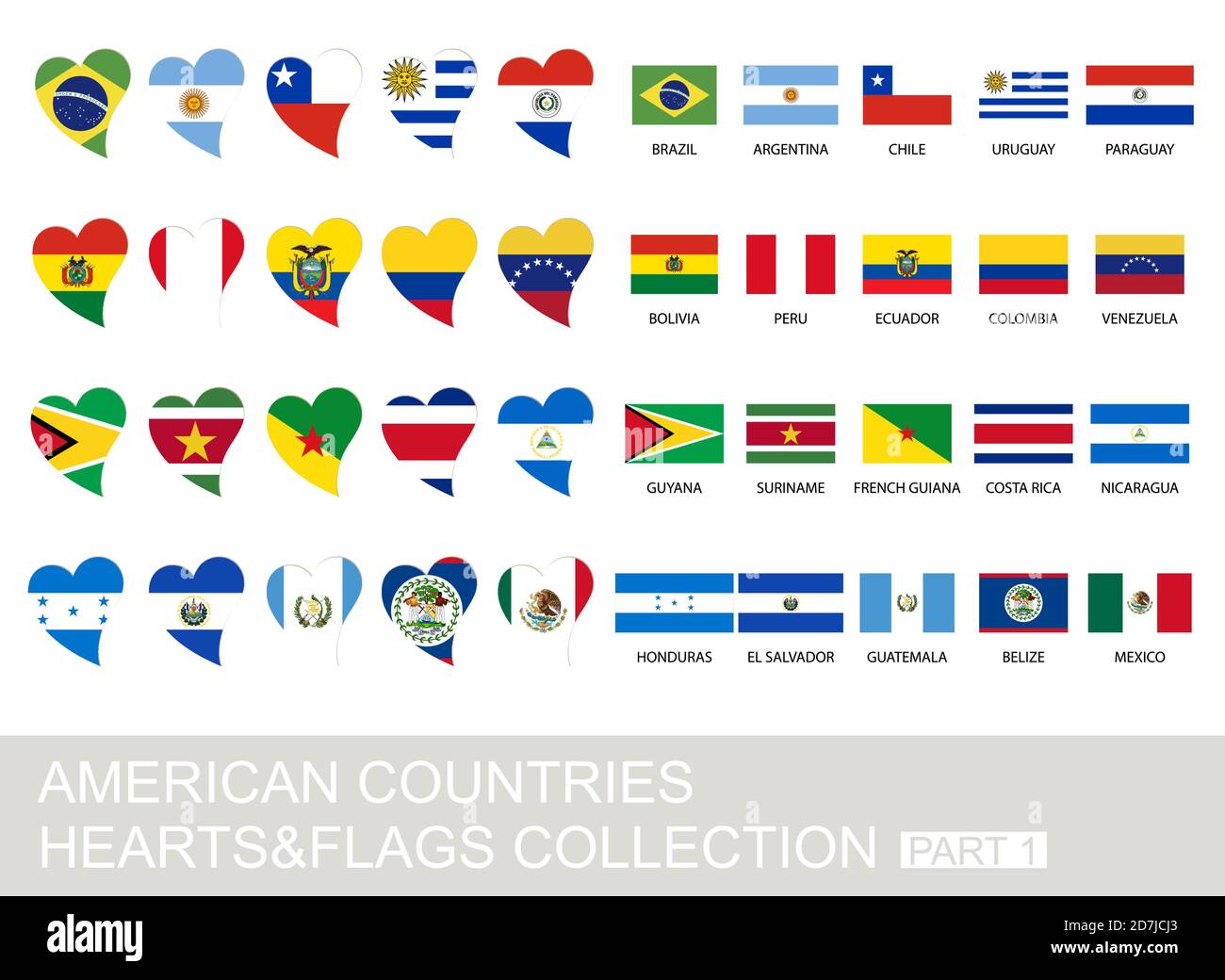American countries set, hearts and flags, 2  version, part 1 Stock Vector