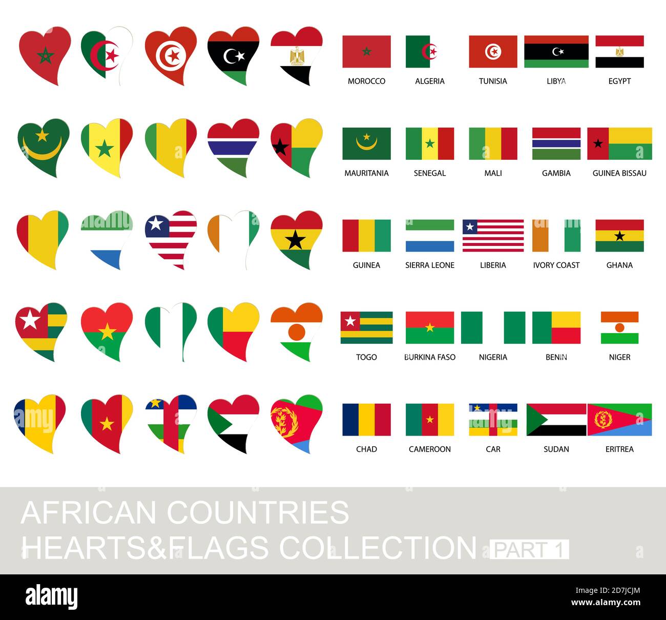 African countries set, hearts and flags, 2 version, part 1 Stock Vector