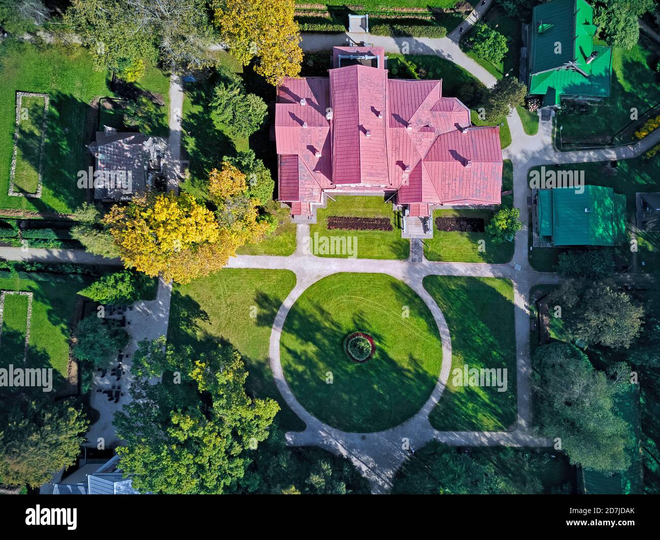 Drone shot of Abramtsevo State Historical, Artistic and Literary Museum-Reserve Stock Photo