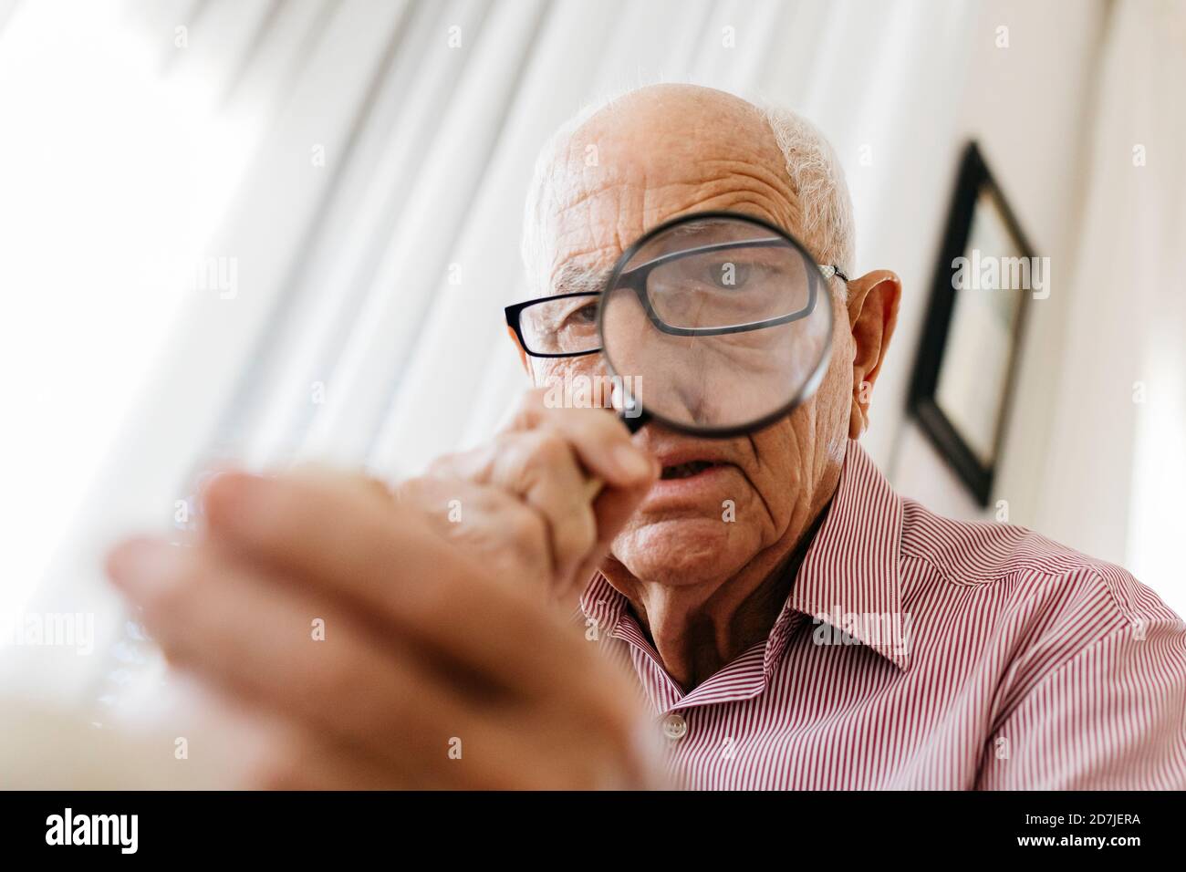 Retired senior male looking through magnifying glass at fossil Stock Photo