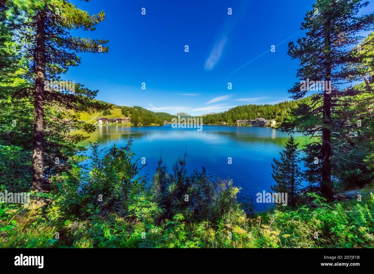 Lake covered with trees and mountain at Turracher Hoehe, Gurktal Alps, Austria Stock Photo