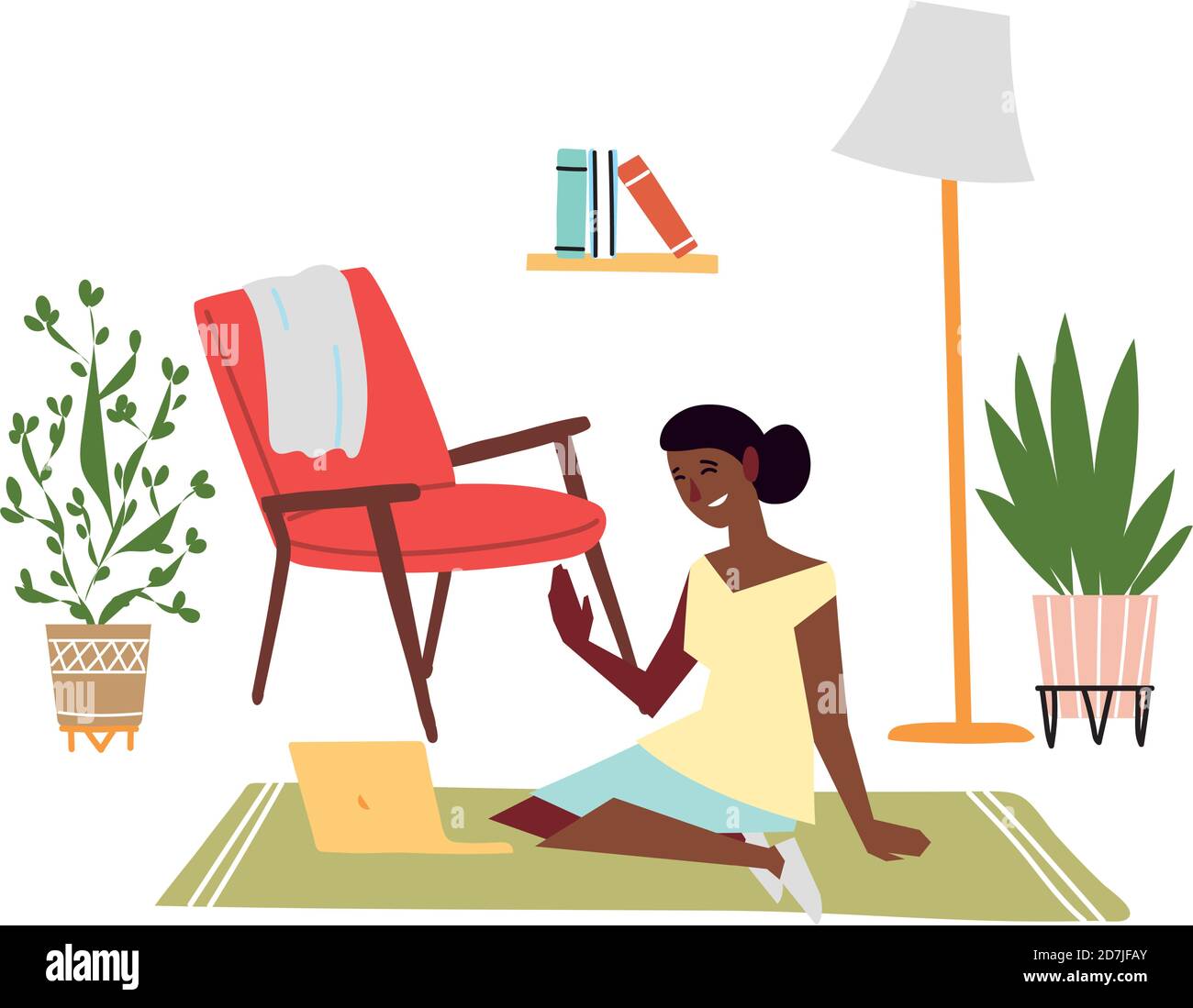 young woman using laptop sitting on floor indoor activities vector ...