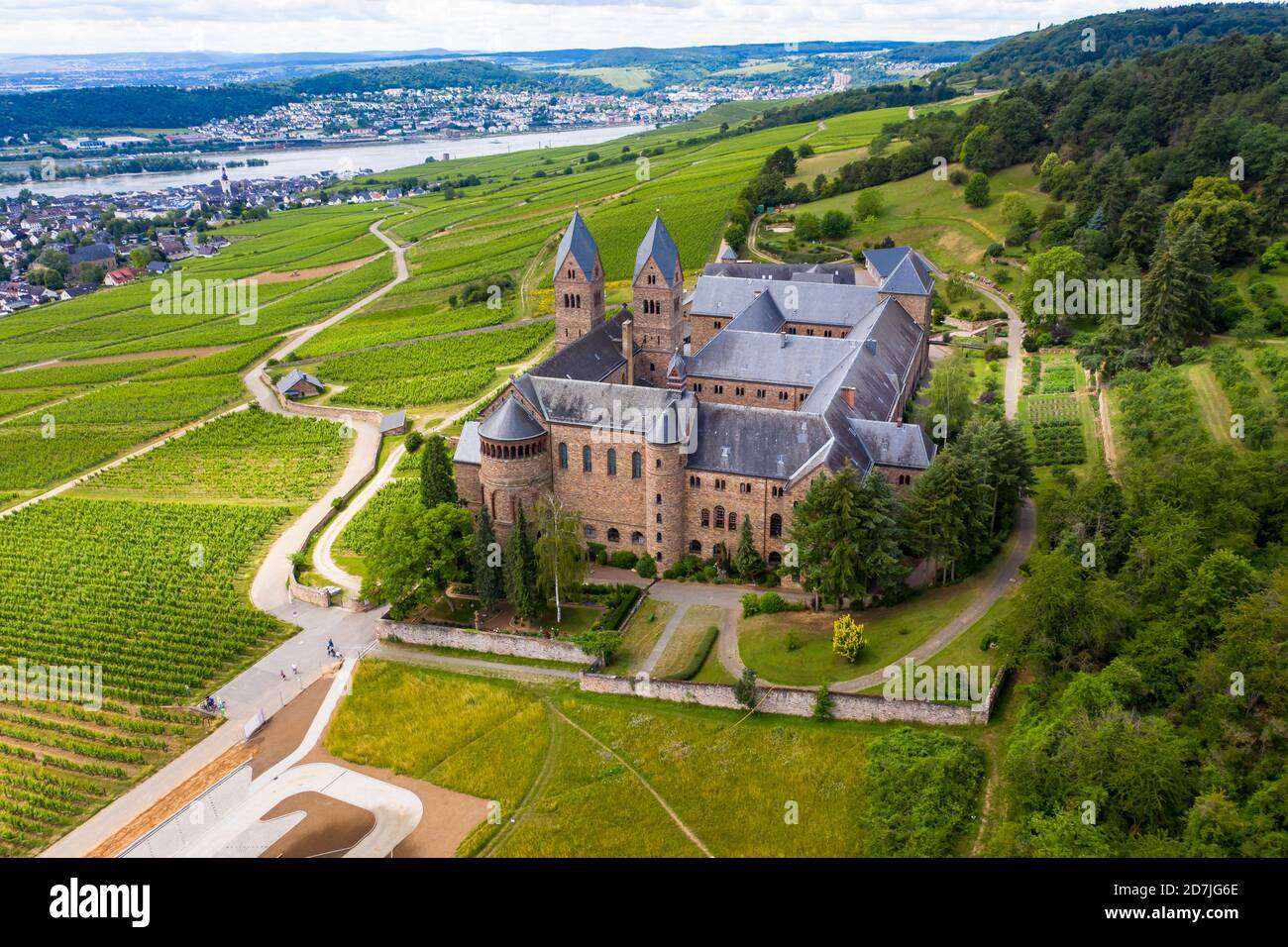 Germany, Hesse, Eibingen, Helicopter view of Eibingen Abbey in early autumn Stock Photo