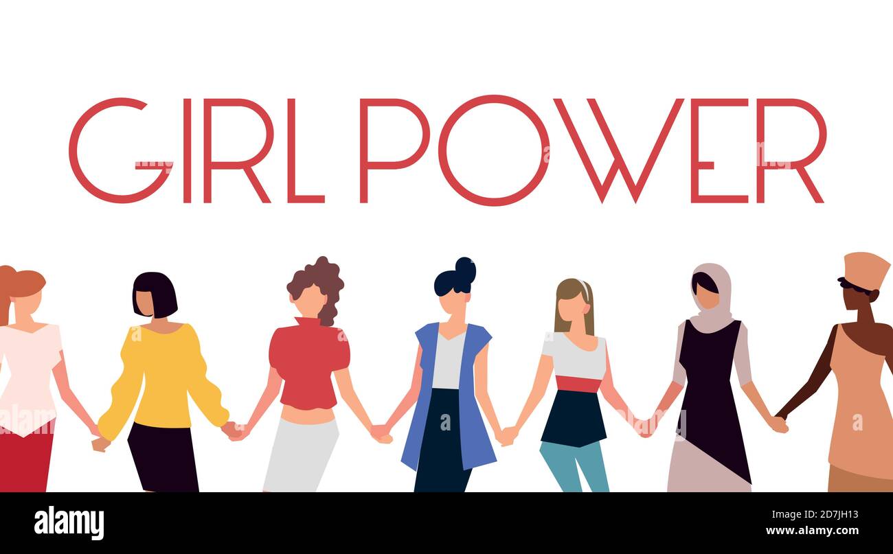 women rights feminist, group holding hands girl power vector illustration Stock Vector
