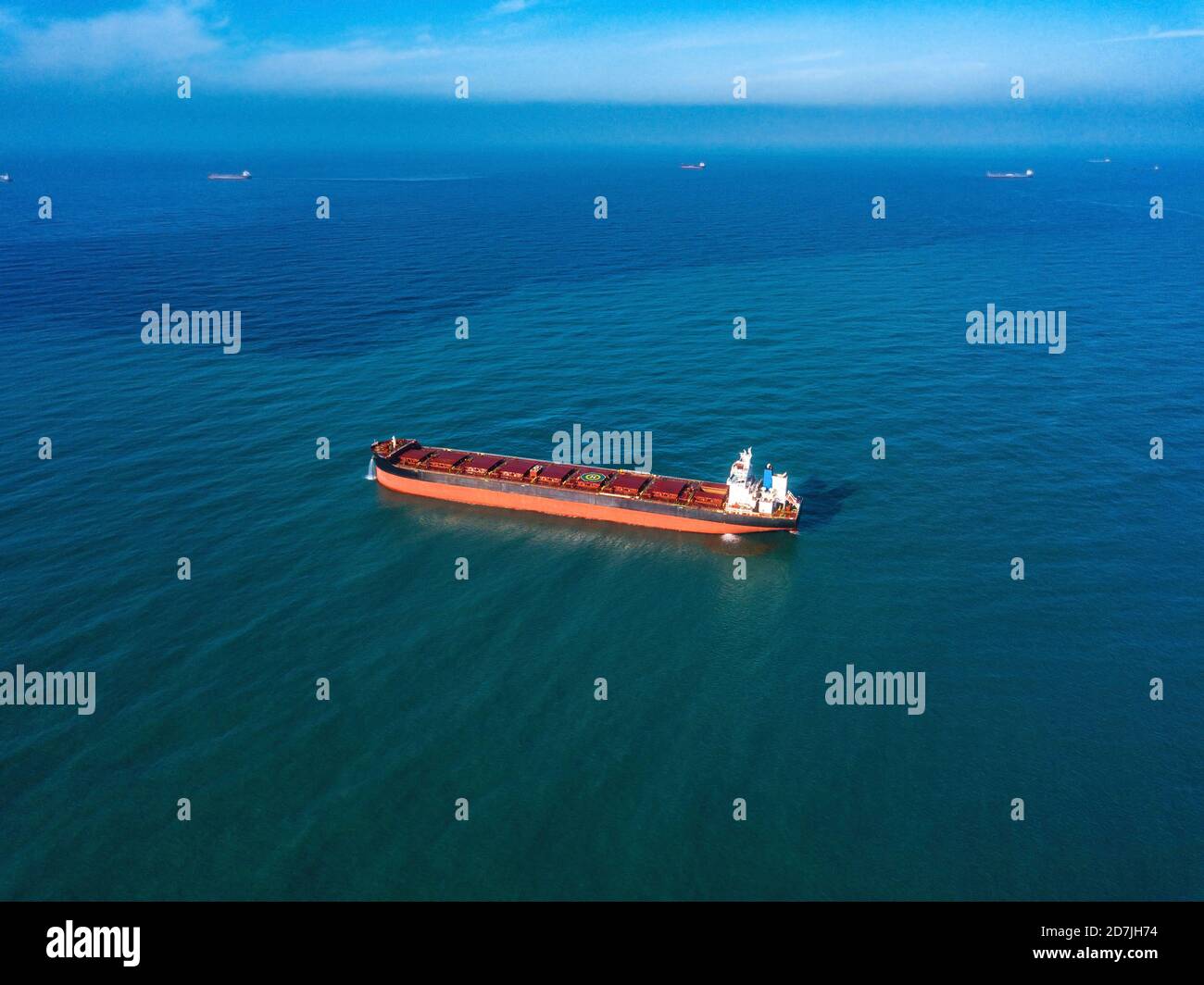 Aerial view of container ship sailing in Sea of Japan Stock Photo