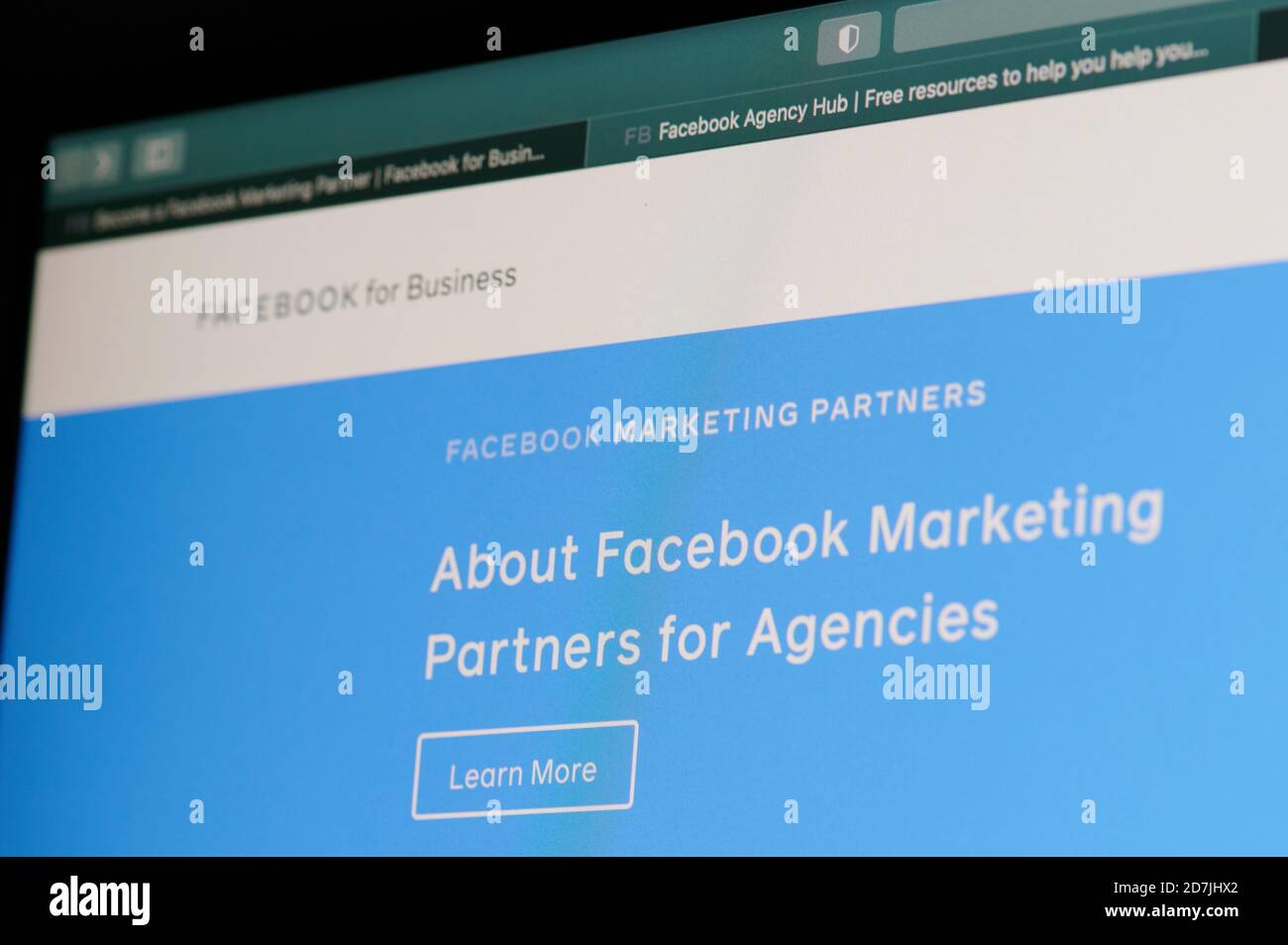 New york, USA - October 23, 2020: Facebook marketing partners for agencies screen display close up view Stock Photo