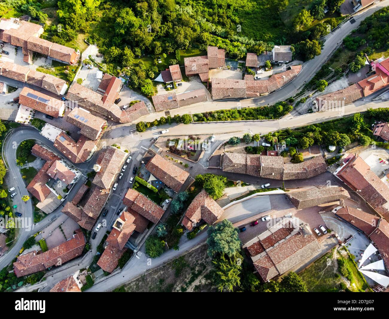Drone view of roads winding through rural town Stock Photo