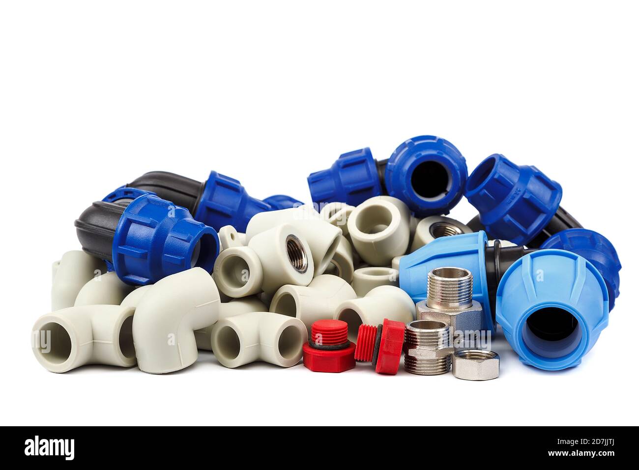 Set of metal-plastic plumbing couplings, adapters, plugs isolated on ...