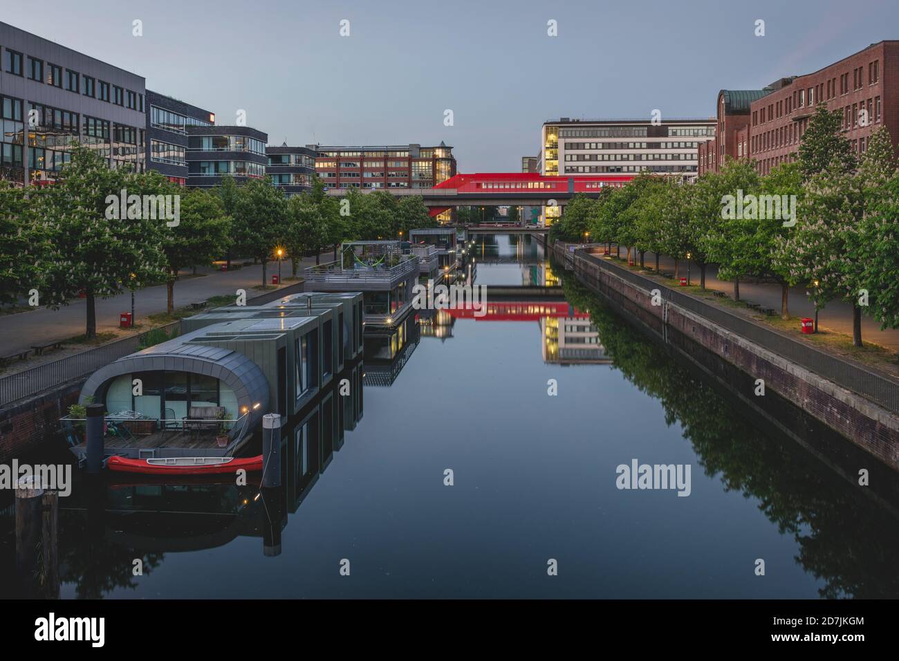 Germany, Hamburg, Hammerbrook, Canal with S-Bahn station in distance Stock Photo