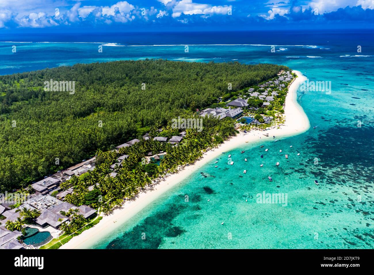 Mauritius, Helicopter view of beach and tourist resort on Le Morne Brabant peninsula in summer Stock Photo