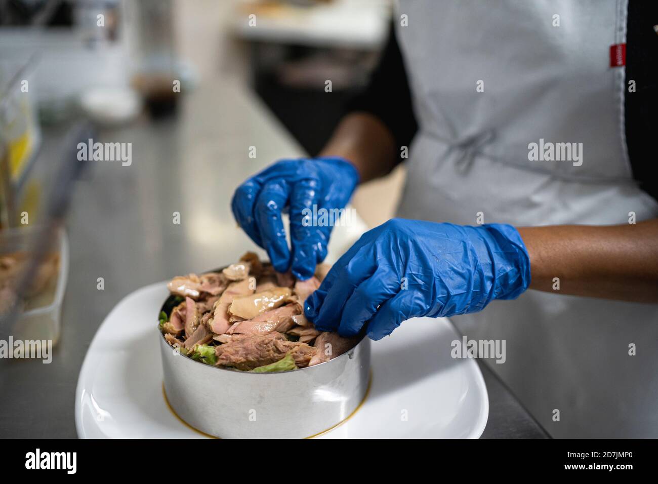Woman garnishing dish while standing at kitchen counter in kitchen Stock Photo
