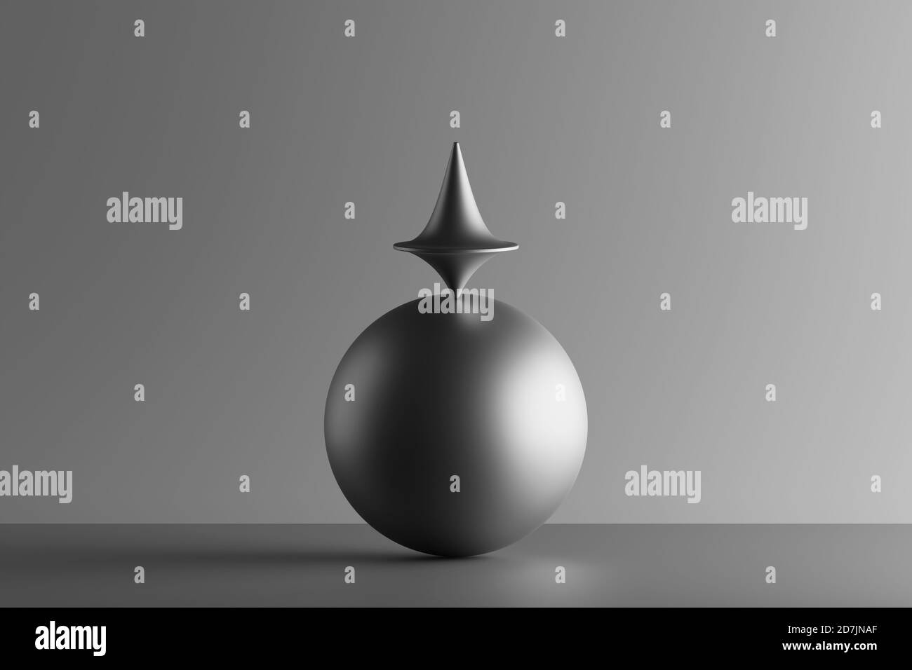 Three dimensional render of metallic top spinning on top of sphere