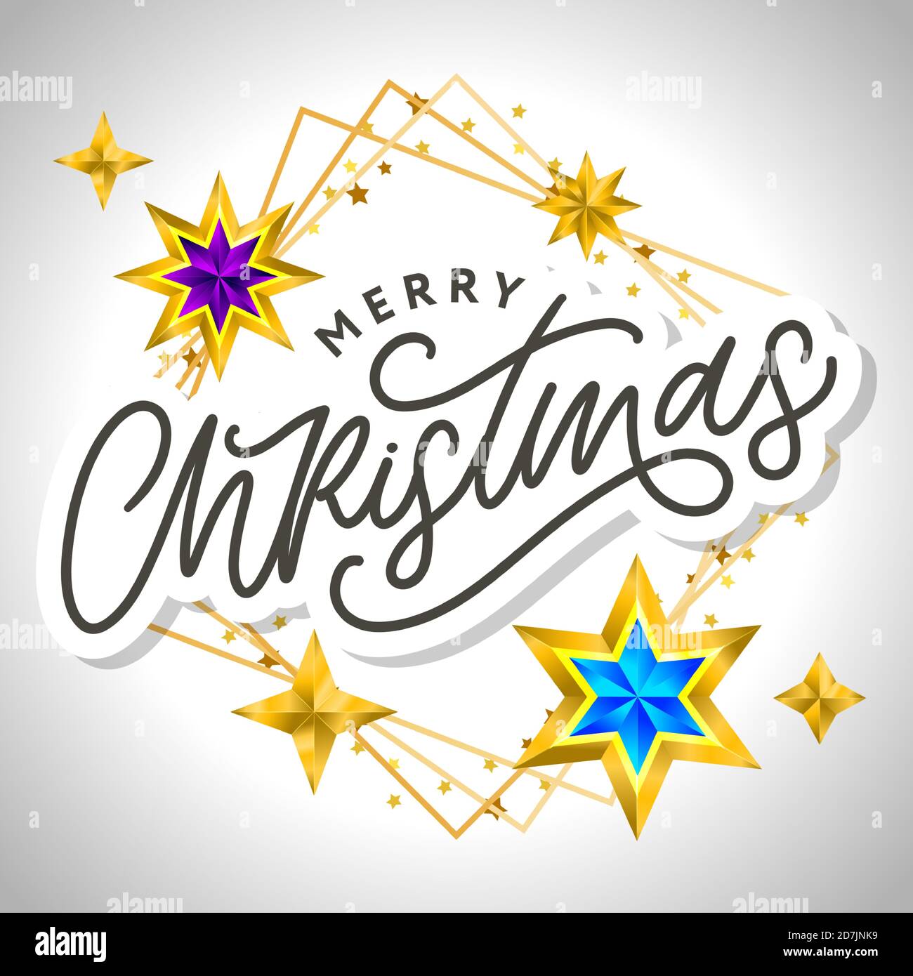 Merry Christmas card with hand drawn lettering and stars on dark background. Cute Holiday golden frame background Stock Vector