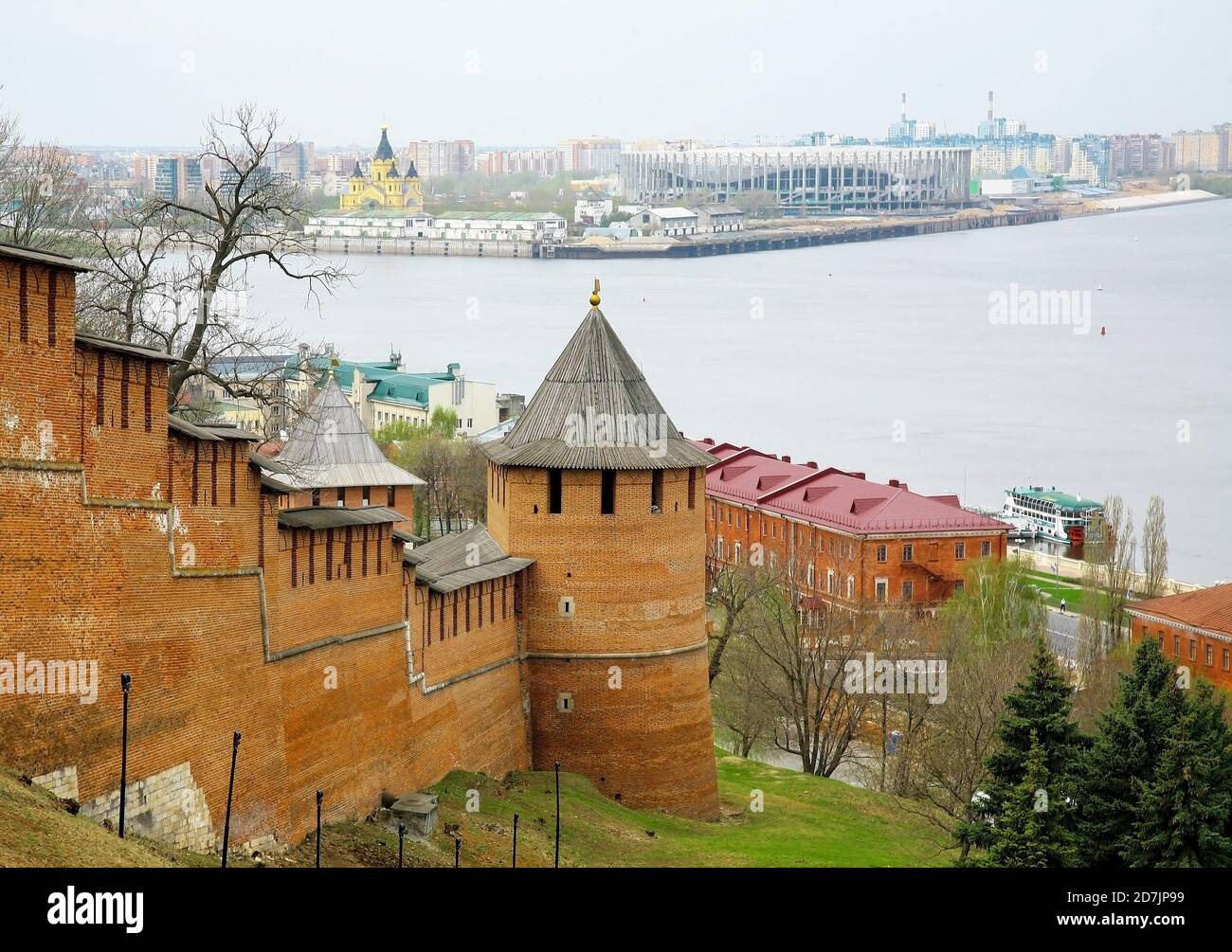 Spring view of the towers of the Nizhny Novgorod Kremlin against the background of the confluence of the two rivers Oka and Volga Stock Photo