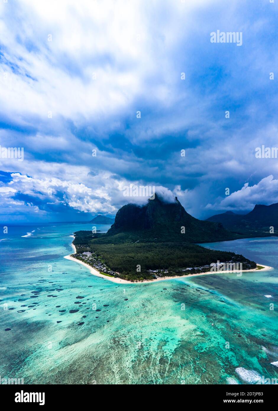 Mauritius, Helicopter view of clouds over Le Morne Brabant peninsula in summer Stock Photo