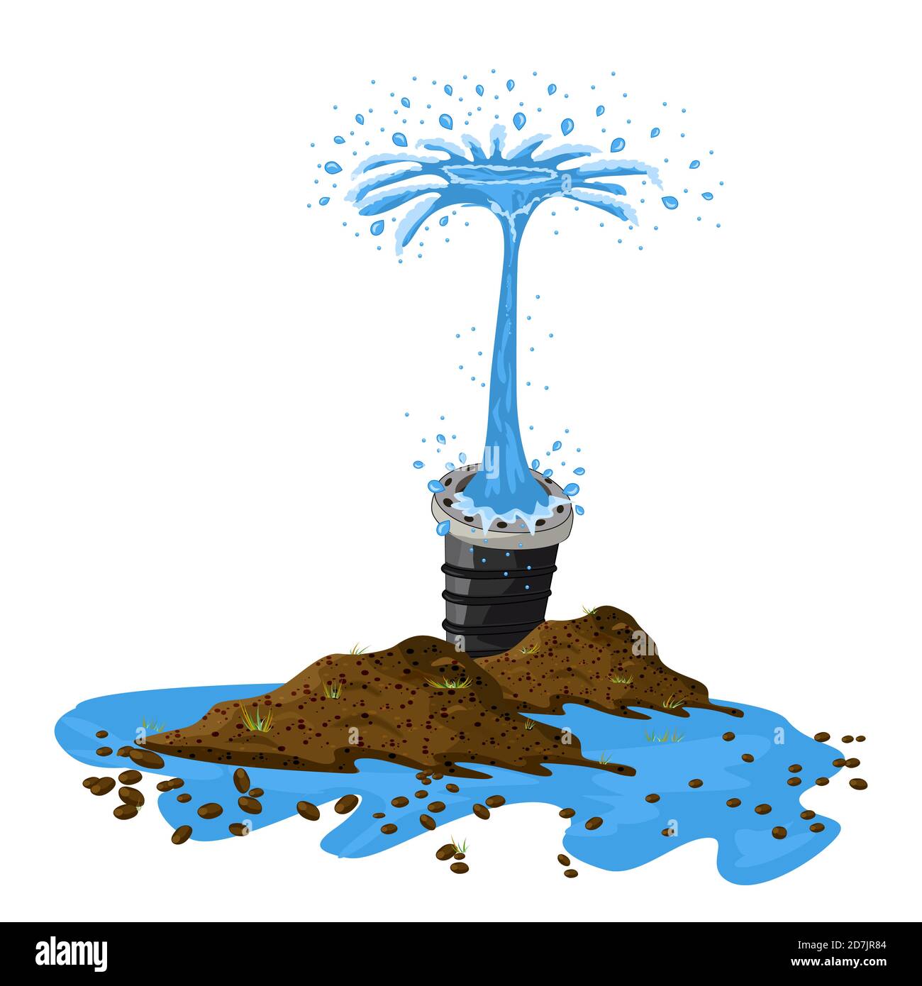 Breakthrough of metal pipe and water leakage isolated on white