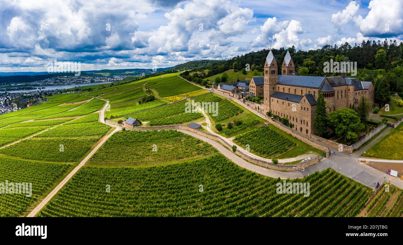 Germany, Hesse, Eibingen, Helicopter panorama of vineyards in front of Eibingen Abbey in early autumn Stock Photo