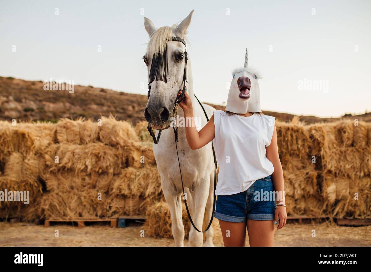 Portrait of white horse and young woman wearing unicorn mask standing side by side Stock Photo