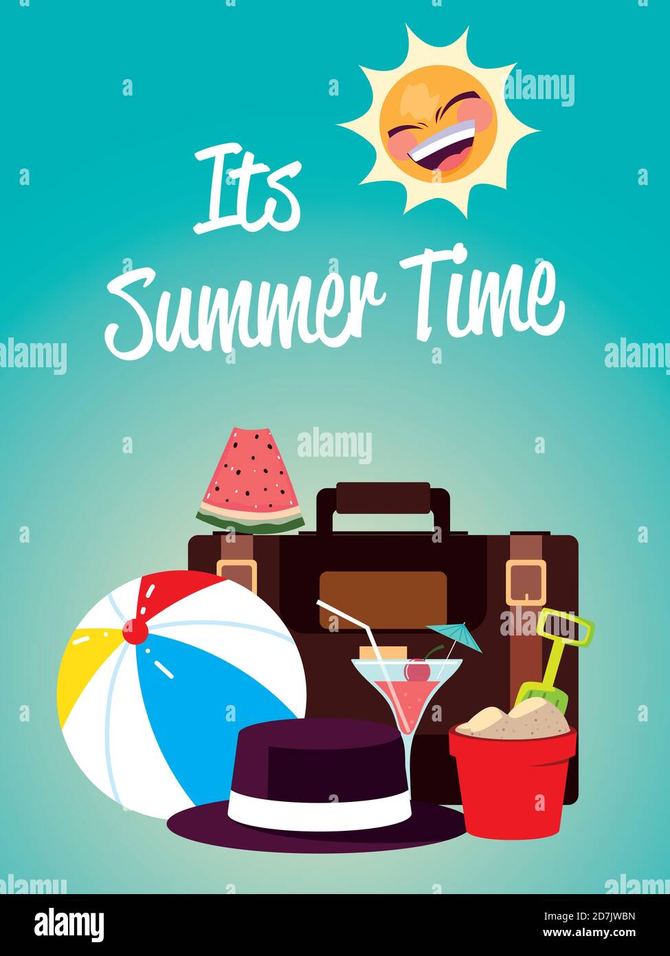 summer vacation travel, suitcase ball hat cocktail watermelon vector ...