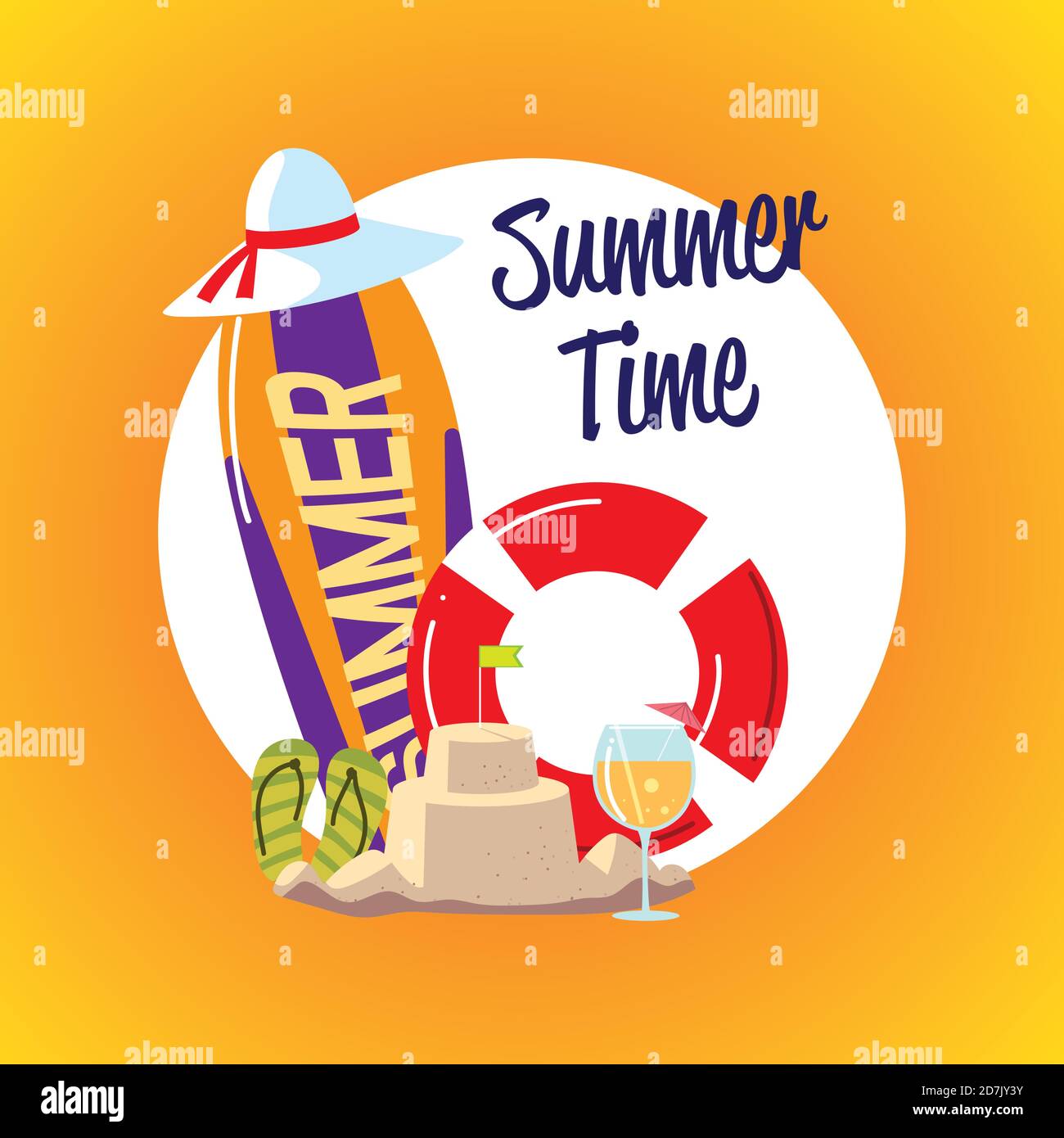 summer vacation travel, surfboard float sandcastle hat cocktail label ...