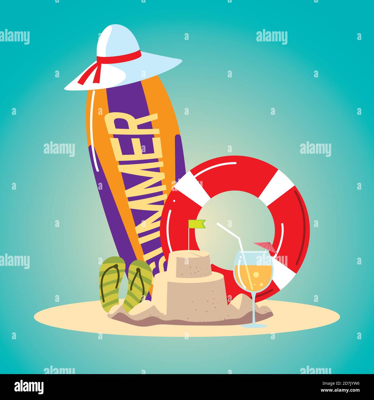 summer vacation travel, surfboard float sandcastle hat cocktail and ...