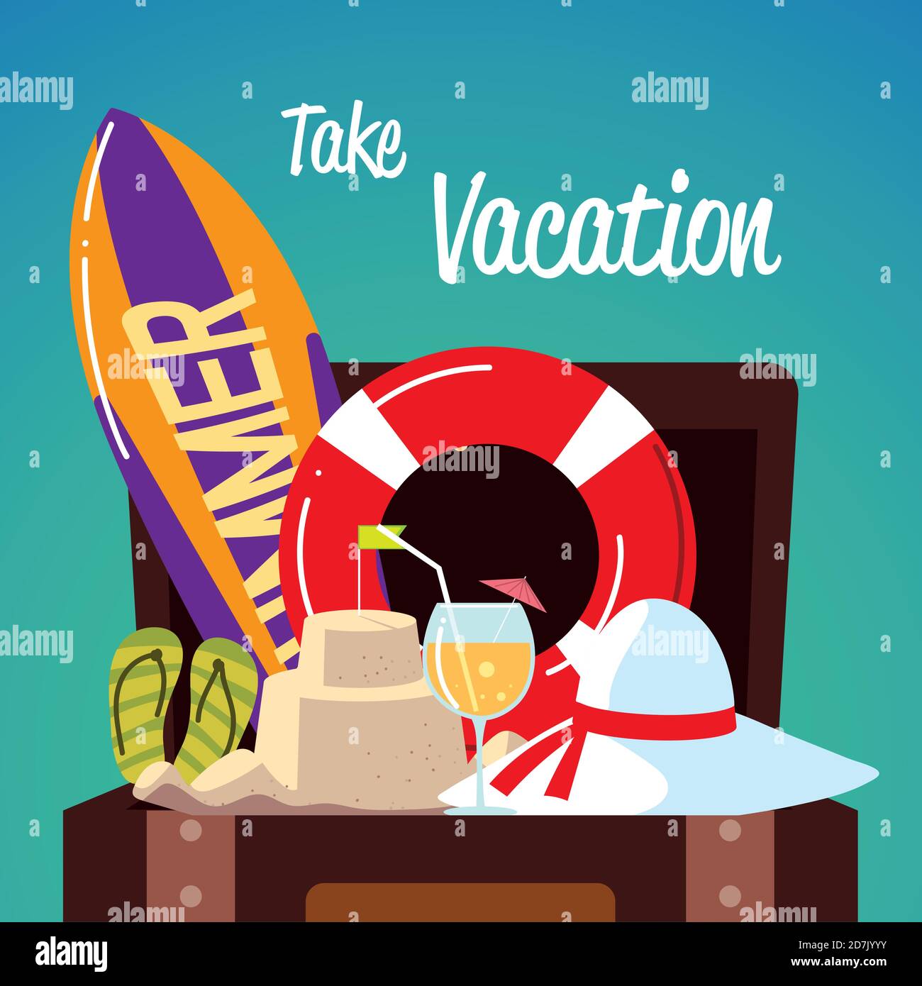 summer vacation travel, surfboard suitcase hat sandals card vector ...