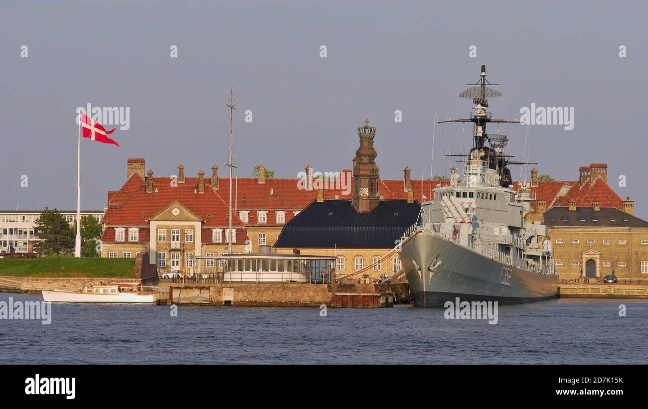 Copenhagen, Denmark - 04/30/2019: Historic war ship HDMS Peder Skram (frigate) of the Royal Danish Navy docking at Holmen island in Copenhagen. Stock Photo