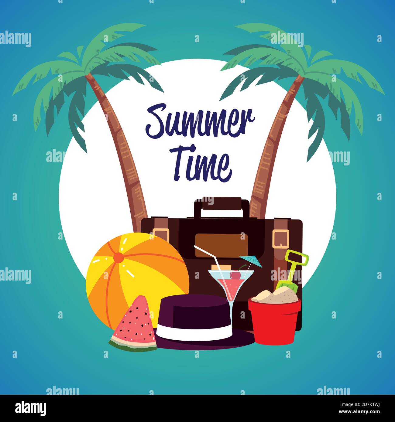 summer vacation travel, palms ball suitcase cocktail and bucket label ...