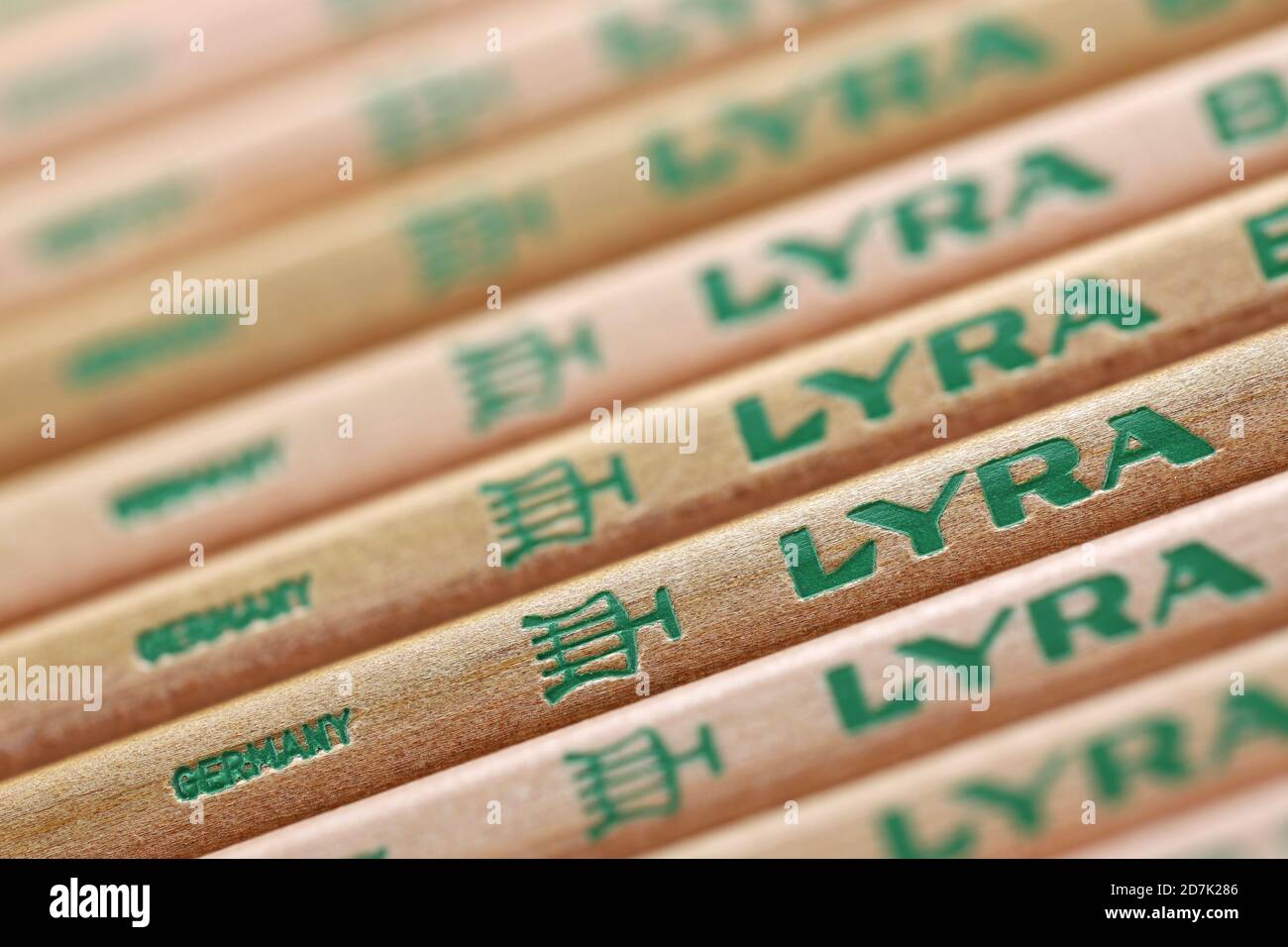 Lyra marking at pencils. Lyra is the oldest pencil factory in Nuremberg and has been part of the Italian FILA group since 2008. Stock Photo