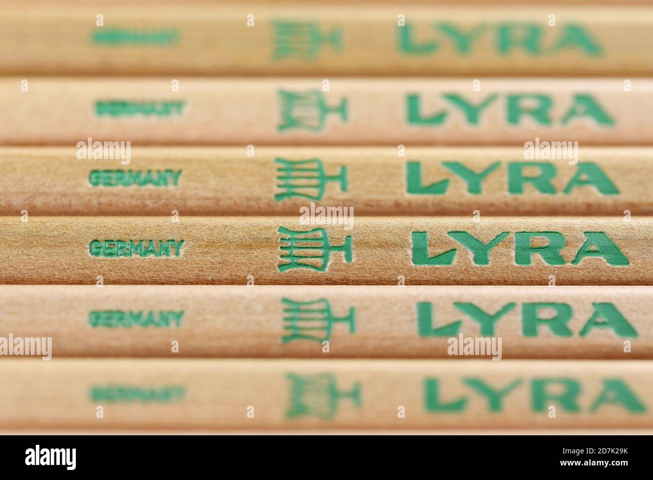 Lyra marking at pencils. Lyra is the oldest pencil factory in Nuremberg and has been part of the Italian FILA group since 2008. Stock Photo