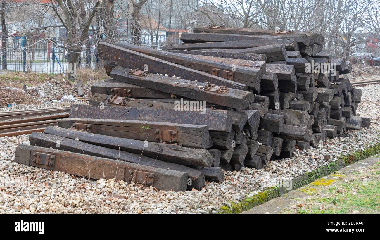 Big Pile of Old Wooden Railroad Ties Stock Photo Alamy