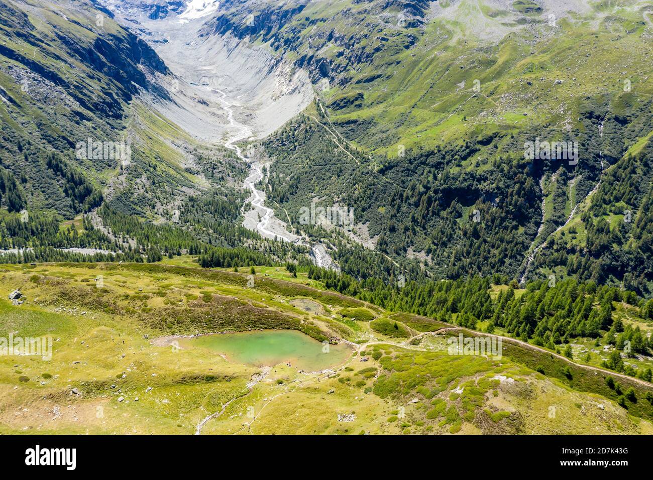 Aerial view of lake Lac d'Arpitetta, valley and moraine of Zinal glacier in the back, Switzerland Stock Photo